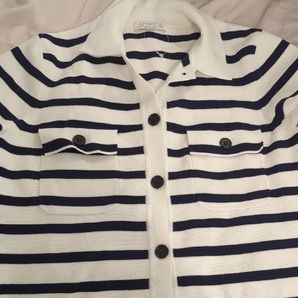 J. Crew Women's Button-Up Shirt - White and Navy Stripes